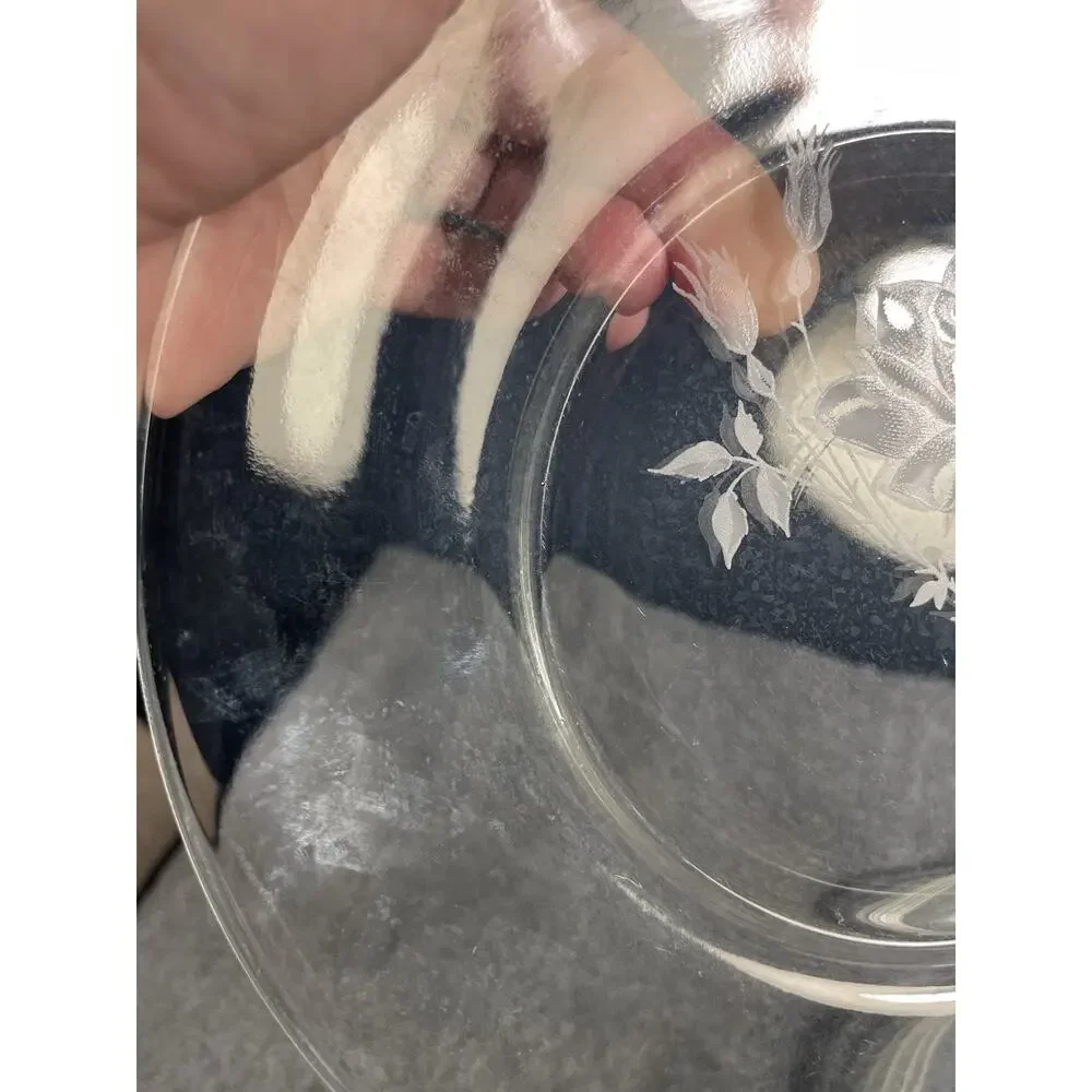 Vintage Etched Rose Clear Glass Salad Dessert Plates Set of 6 Floral 8”